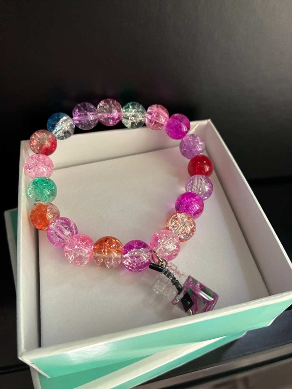 Colorful Cracked Glass Bead Stretch Bracelet with Charm